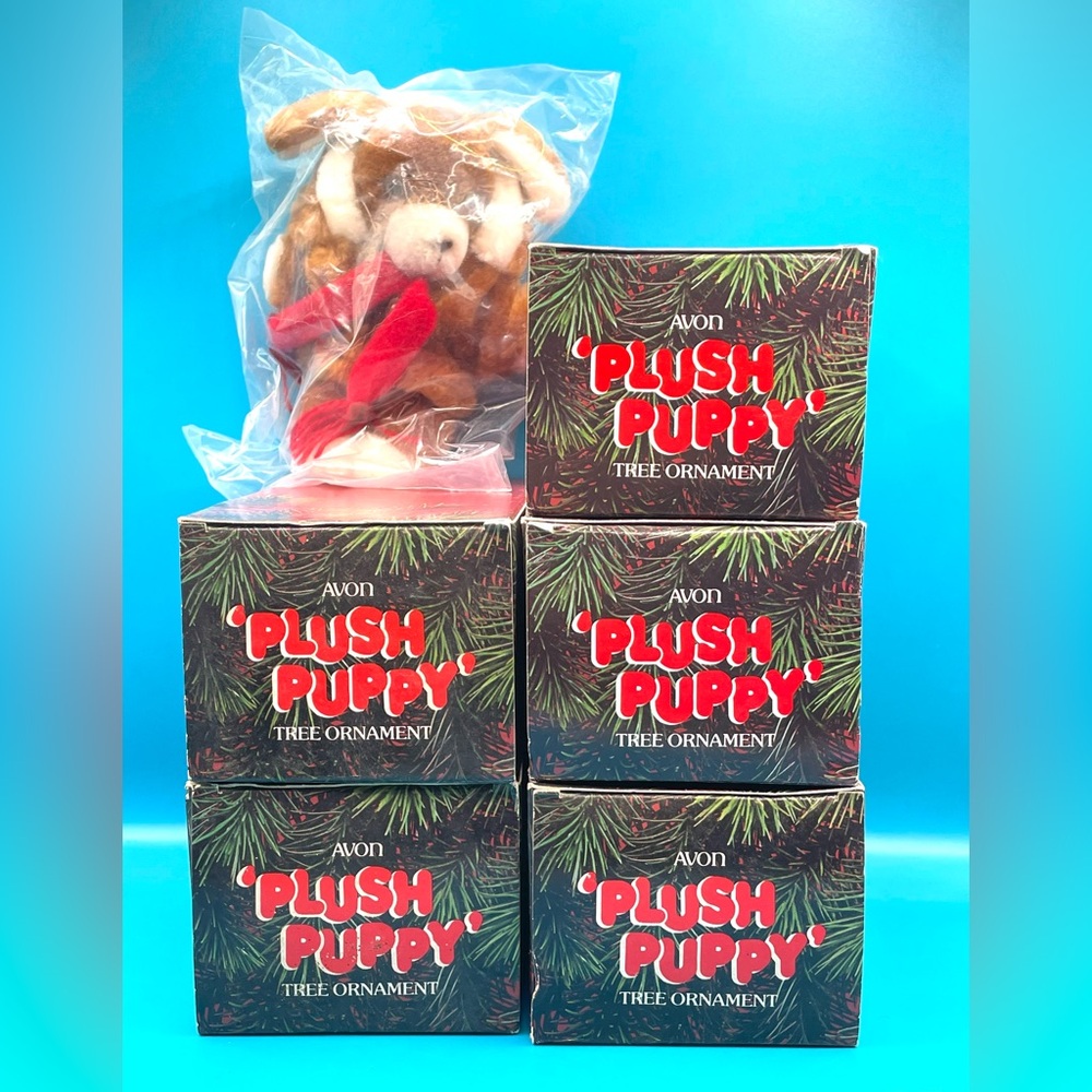 6 Vintage Avon Plush Puppy Ornaments unopened